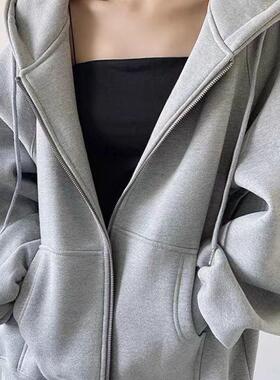设计感灰色纯色连帽开衫卫衣男女秋冬加绒2024新款韩系慵懒风外套
