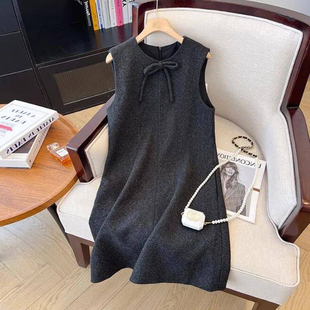 韩系小众复古毛呢背心裙2026春季 连衣裙呢子 千金风洋气蝴蝶结无袖