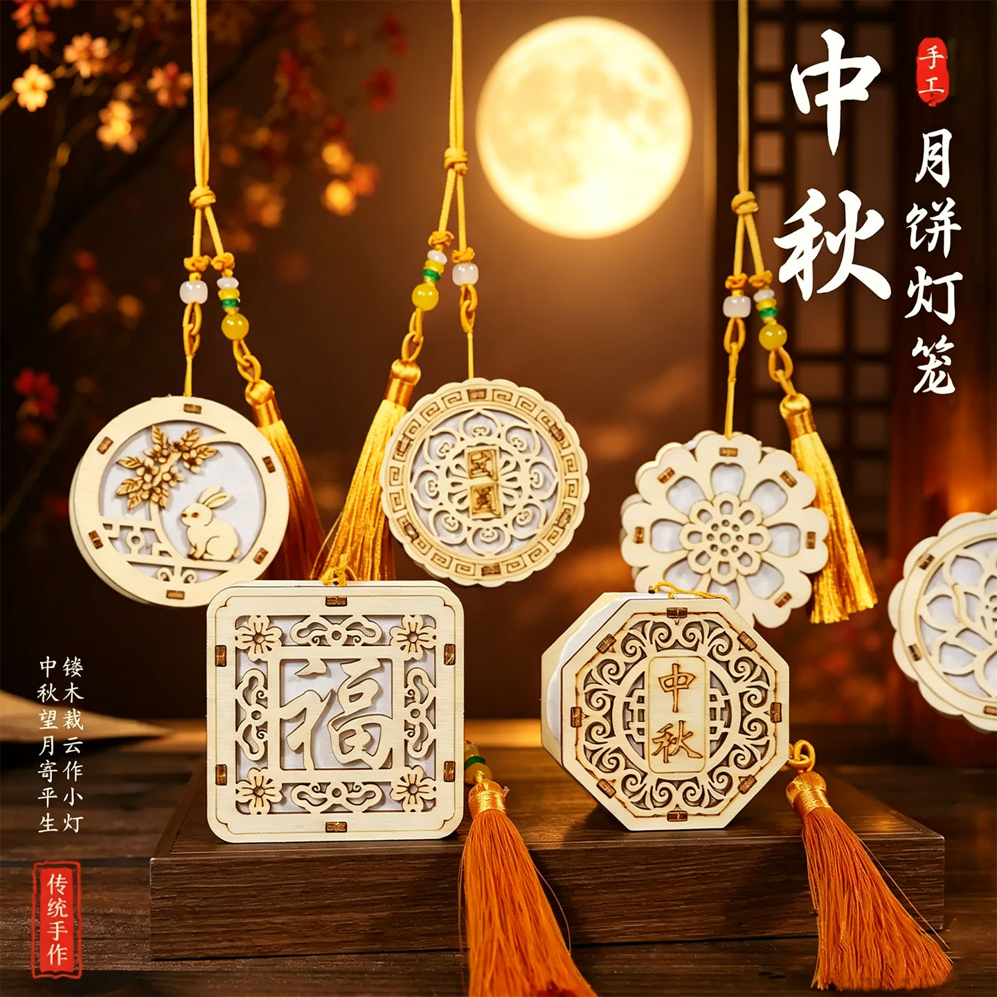 中秋节手工diy月饼灯笼挂件材料包自制发光花灯原木镂空团建文创