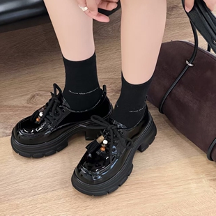 女漆皮松糕女鞋 渊博2026春季 女英伦风学生黑色乐福鞋 厚底单鞋 新款