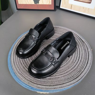 艾度粗跟单鞋软底真皮乐福鞋女鞋