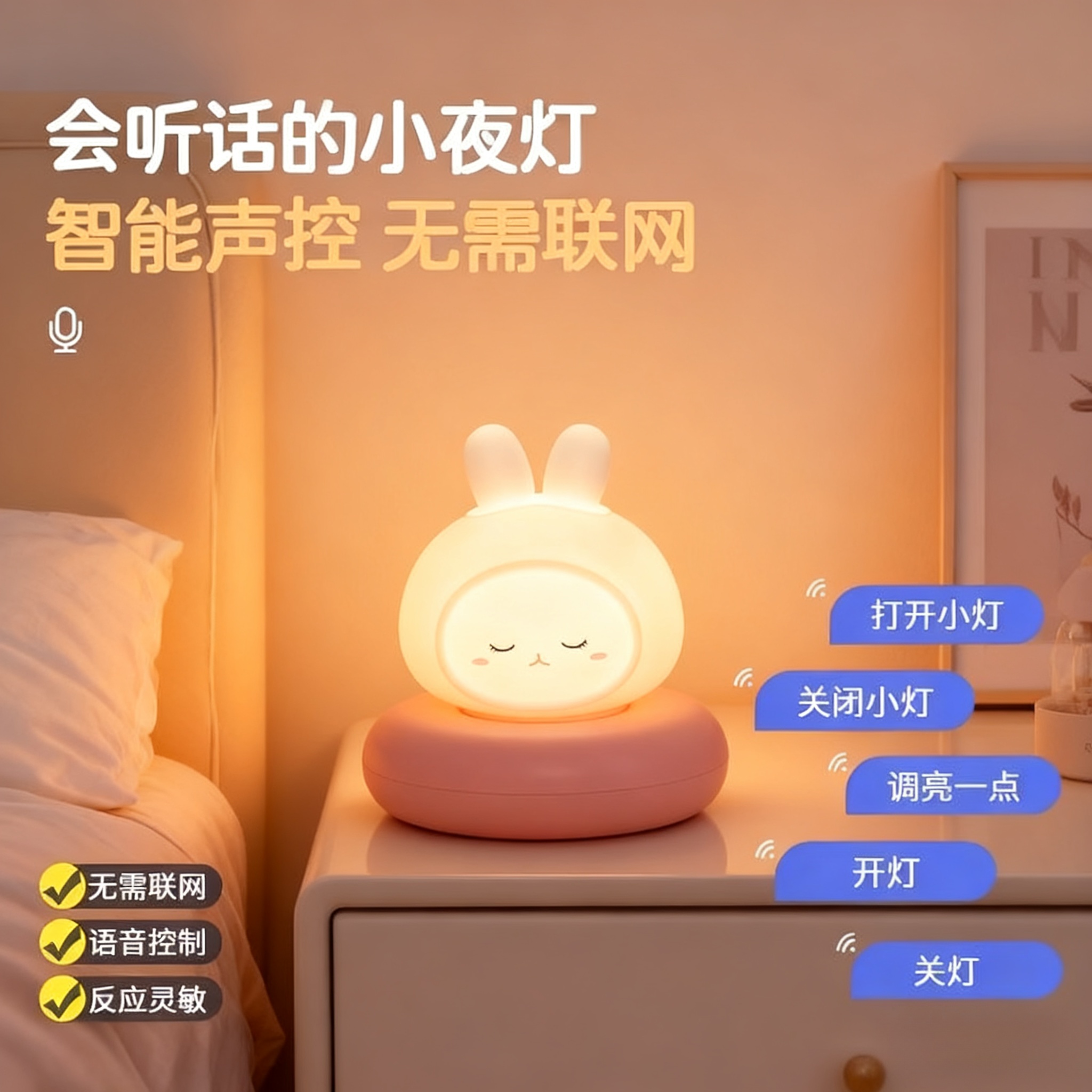 智能语音声控感应控制小夜灯卧室床头晚上睡眠婴儿喂奶护眼充电款