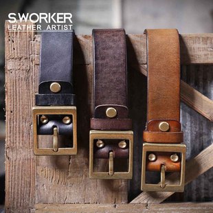美式复古加厚头层牛皮皮带男士纯铜扣扣头针扣手工意大利真皮腰带