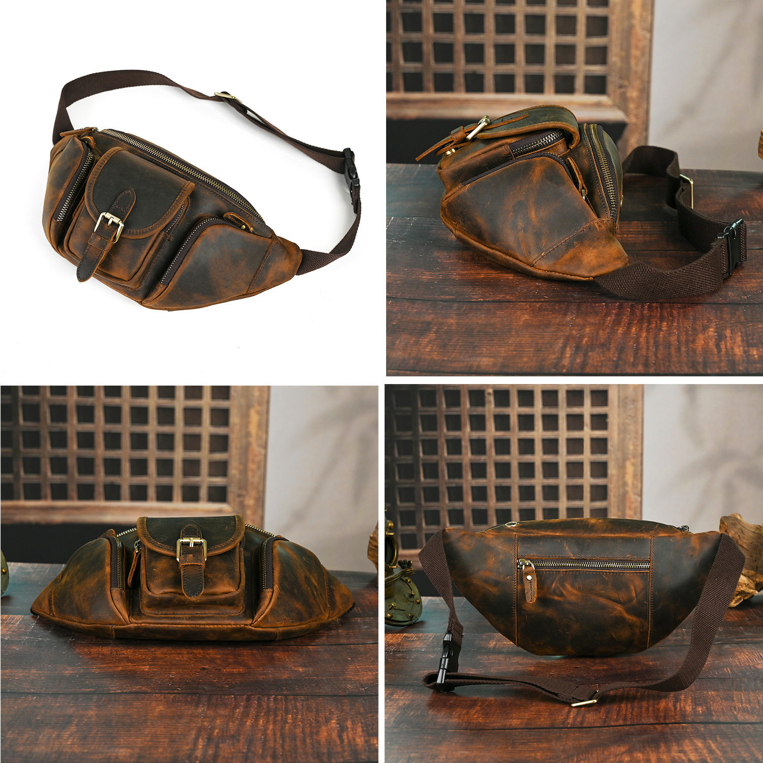 跨境热销男士复古头层牛皮腰包休闲户外登山旅游8寸斜跨包胸包380