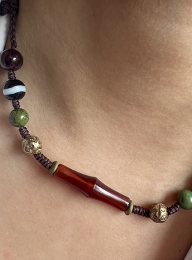 45762 西亚老西玛竹节玛瑙管多宝项链锁骨链文玩珠宝古董手编吉祥