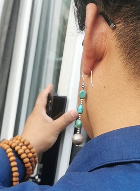 45462藏传随形老绿松石银耳坠男款单只个性民族风古董文玩配饰珠