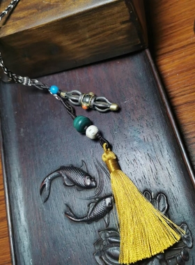 13969  藏传老天铁精工金刚杵配老孔雀石火供玛瑙项链