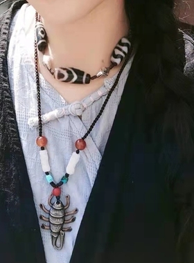 45817 藏传寒铁错金蝎子老托甲多宝项链古董珠宝老文玩配饰收藏老