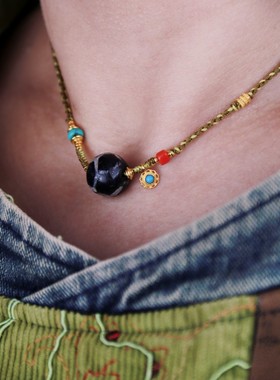 11056西亚千年寿纹天珠锁骨链女士礼品项链高级珠宝古珠收藏