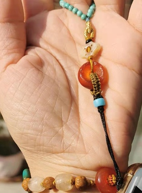45720古董文玩配饰手机链指环靈骨五眼六通背云高古玛瑙磨盘珠松