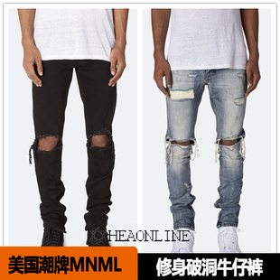男FOG修身 美国潮牌mnml高街黑色破洞牛仔裤 M1水洗 闭店清货HEA