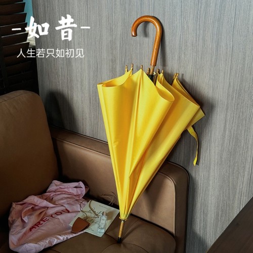 复古黄色长柄雨伞双人木柄木杆8骨加大加固防风木质男女自动