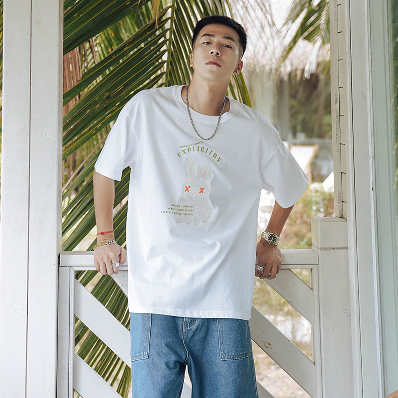 夏季兔子印花圓領短袖T恤男士（100%棉）