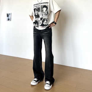 男生宽松直筒微喇裤 半松紧腰高级黑牛仔裤 男 闪电纹牛仔裤 BBC