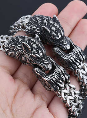 欧美嘻哈复古狼头手链男女个性朋克钛钢霸气潮人男士钛钢手环饰品