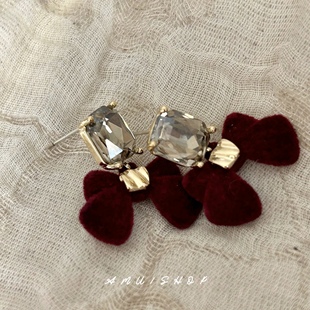 无耳洞耳夹 轻奢过冬蝴蝶结秋冬银针耳钉 A.MU 丝绒酒红色耳环
