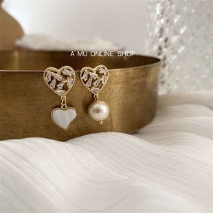原创法式 爱桃 A.MU 爱心锆石珍珠不对称2020银针耳环耳夹 包邮