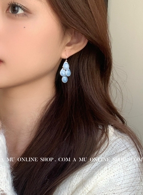 A.MU 蓝色晕染民族风度假耳环 花瓣流苏复古耳坠无耳洞耳夹