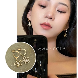 A.MU 小众设计感重工C圈不对称花朵吊坠ins风百搭耳环无耳洞耳夹