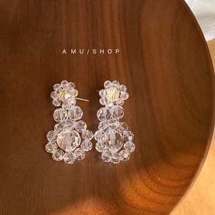 A.MU 韩风通透白色切面水晶串珠夸张清新夏日银针耳环耳夹