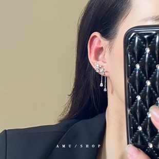 森系花朵锆石流苏垂感高级感银针耳环耳夹 夏岛月光 A.MU 太仙了