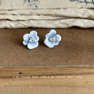 小众泼墨设计感银针耳环无耳洞耳夹 蓝色珐琅花朵耳钉 A.MU 别致