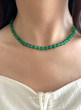 A.MU 绿珠项链~ 复古绿色天然石头串珠新中式国风设计感锁骨链女