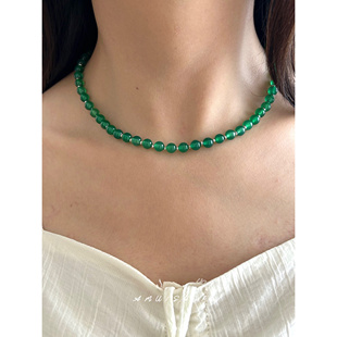 A.MU 绿珠项链~ 复古绿色天然石头串珠新中式国风设计感锁骨链女