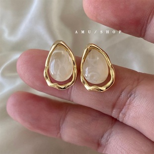 不规则水滴造型设计感日常银针耳环耳夹女 小众法式 A.MU 晨光白雾