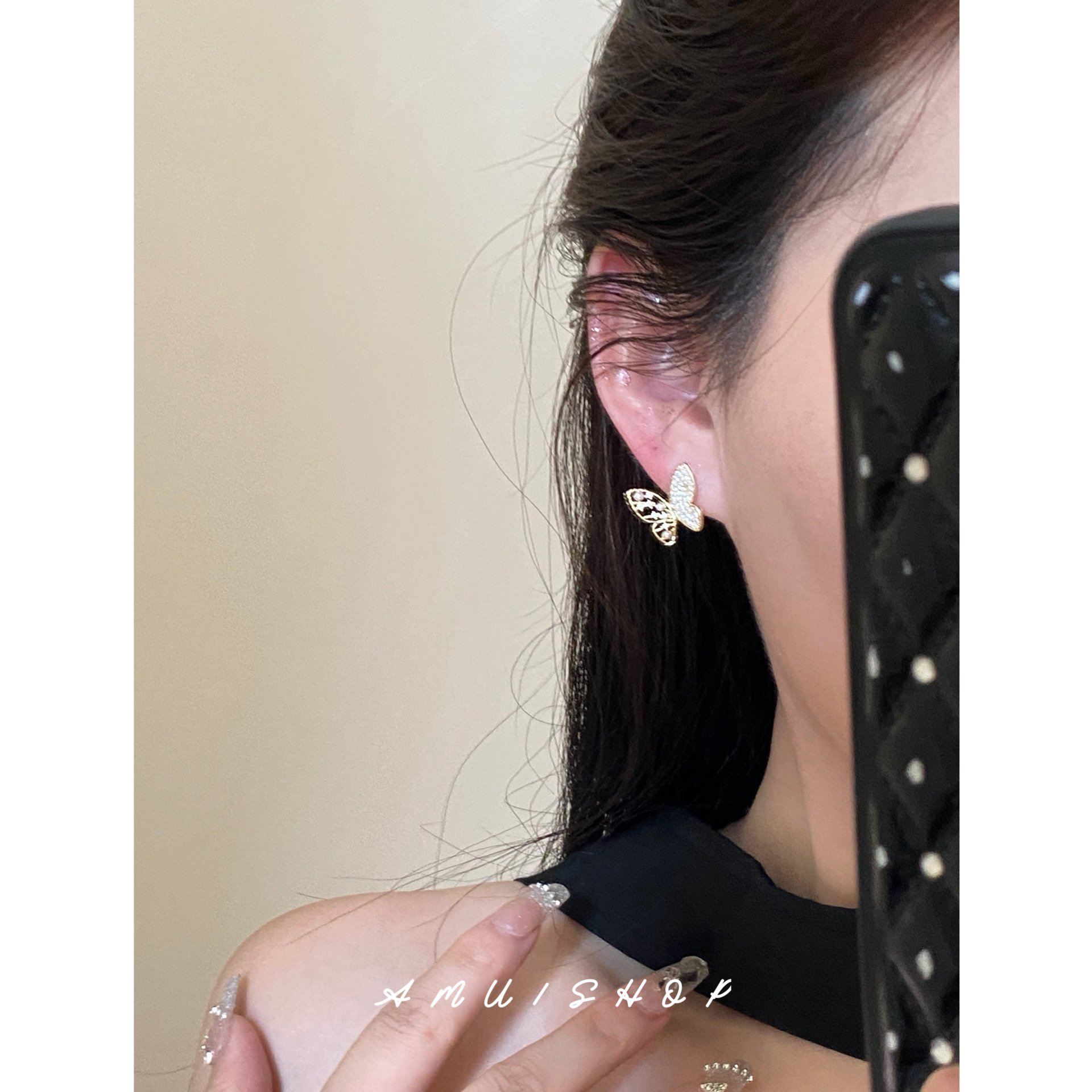 a.mu小蝴蝶满锆耳钉耳夹