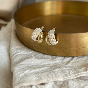 无耳洞耳夹 气质摩登别致圆弧造型珍珠金属耳环耳钉 A.MU 小腔调