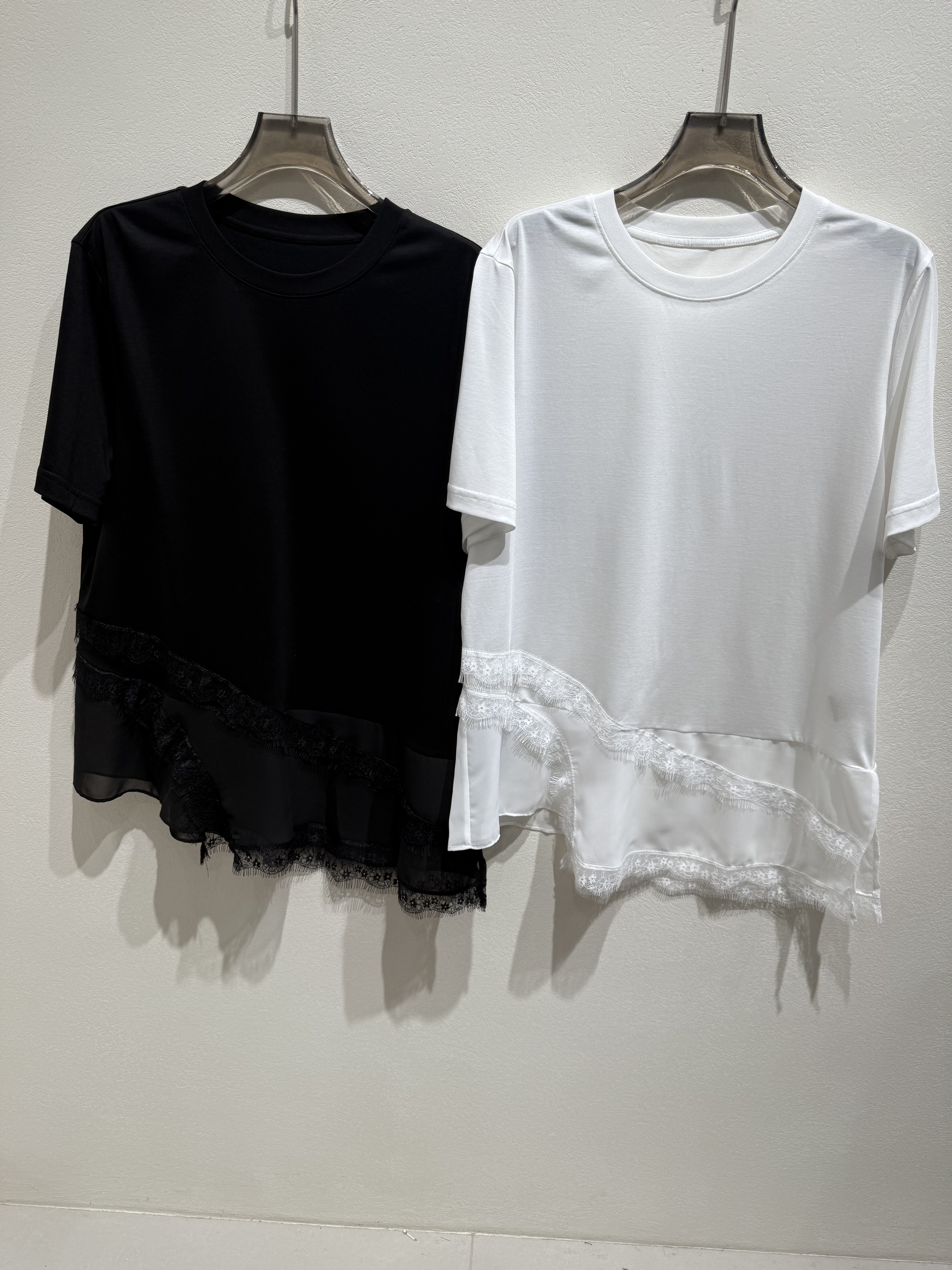 2026夏季新款不规则蕾丝短袖T恤女网纱拼接上衣中长款打底衫