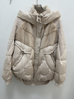 冬季女装水貂毛拼接羊毛针织羽绒服90白鹅绒中长款外套