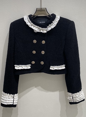 VeraSeriase小香风短外套女黑色粗花呢珍珠荷叶边 法式复古高级感