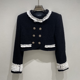 VeraSeriase小香风短外套女黑色粗花呢珍珠荷叶边 法式复古高级感