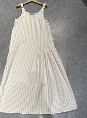 夏季新品女装BENAO设计师品牌米色V领纹无袖褶皱长款连衣裙