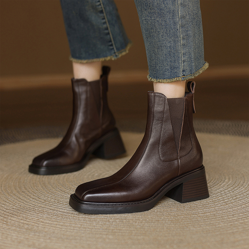 阿么真皮方头增高切尔西靴