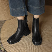 阿么手工女鞋 明星推荐 弹力粗跟百搭切尔西靴复古短靴秋冬新款