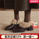 复古粗跟及踝真皮方头小短靴冬季 阿么手工女鞋 加绒加厚毛毛鞋 6CM