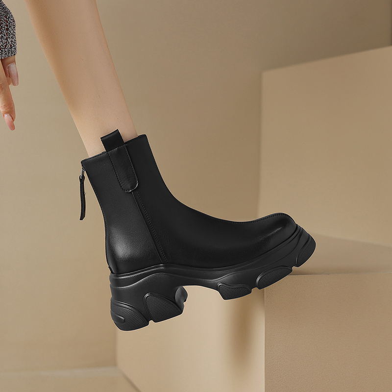 阿么手工女鞋时尚粗跟厚底短靴保暖圆头法式真皮鞋2025冬季新款