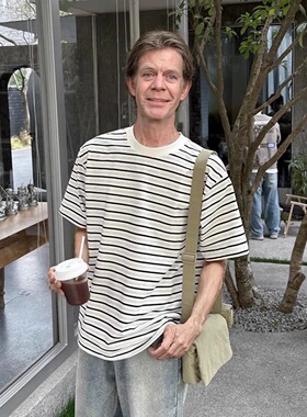 frank之家白色条纹T恤短袖纯棉2025夏季百搭简约男生休闲套头上衣