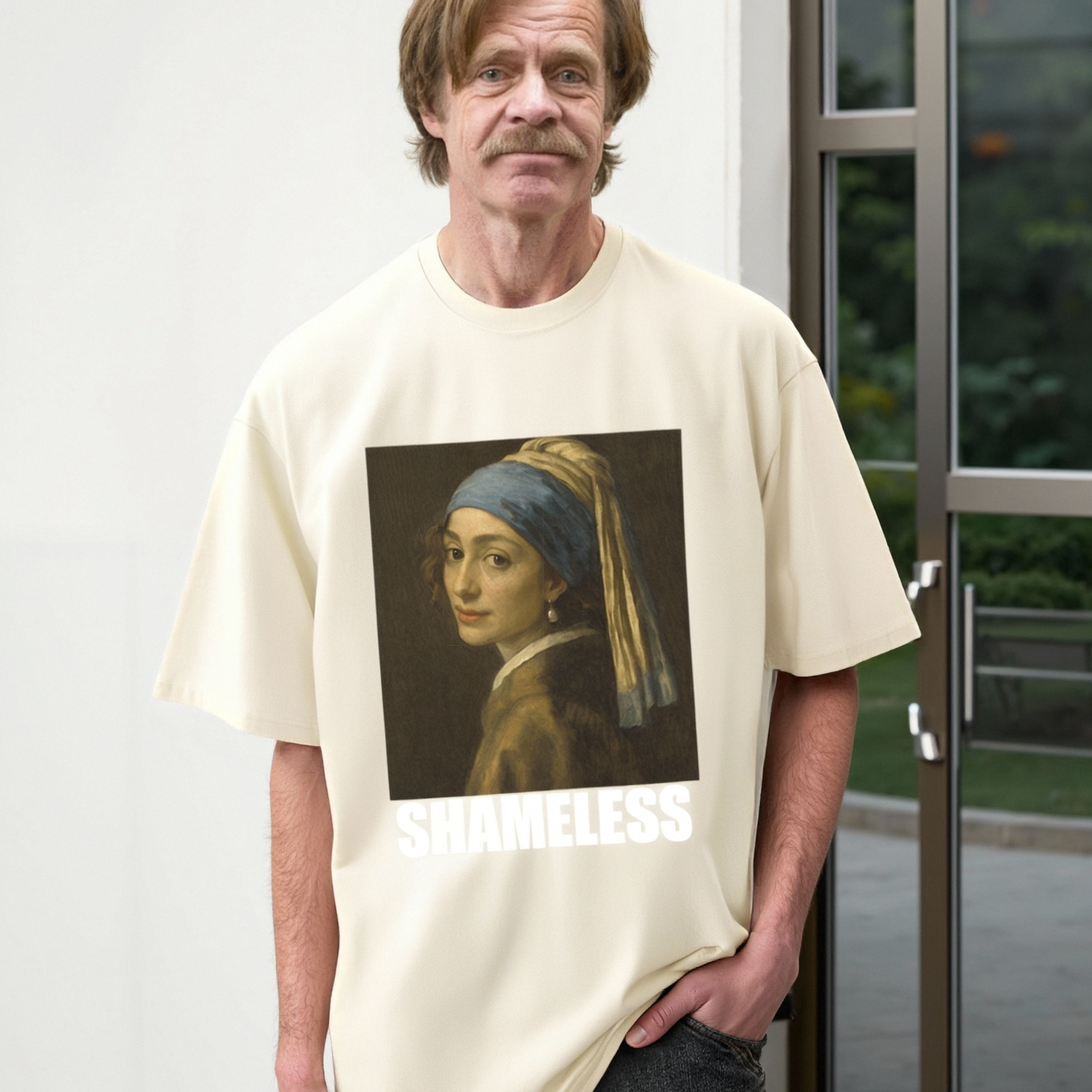 frank之家 戴珍珠耳环的菲奥娜印花短袖复古水洗杏色休闲t恤宽松