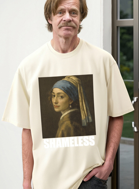 frank之家 戴珍珠耳环的菲奥娜印花短袖复古水洗杏色休闲t恤宽松