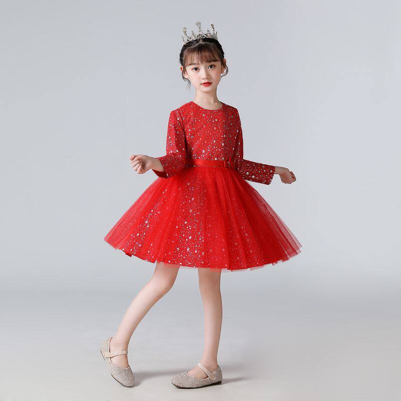 新品女童演出服长袖舞蹈服亮片纱裙幼儿合唱服装红色公主裙蓬蓬裙