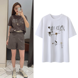 短袖 小众设计感立体花卉刺绣百搭圆领纯棉上衣女 T恤2025夏季 新品