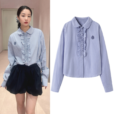 刘浩存同款蓝色格子衬衫