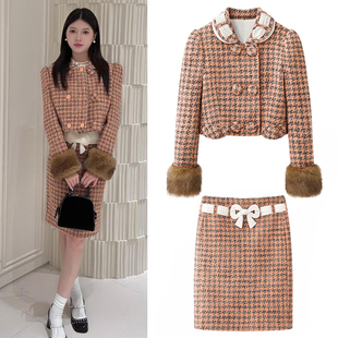 2026春季新款复古彼得潘领彩色千鸟格短款毛呢外套蝴蝶结半身裙女