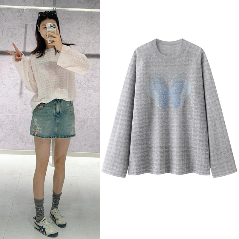 薄款针织衫2026夏新款甜美风蝴蝶提花刺绣宽松圆领套头罩衫上衣女