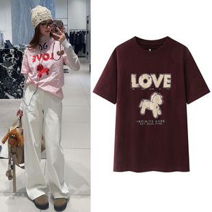 马年短袖T恤2026春季新款字母图案烫钻印花竹节棉圆领休闲上衣女