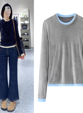 假两件植绒T恤2026年春季新款撞色拼接圆领长袖显瘦打底衫上衣女